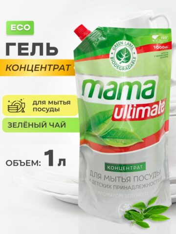 Средство гель для мытья посуды концентрат Mama Ultimate зеленый чай 1 л.